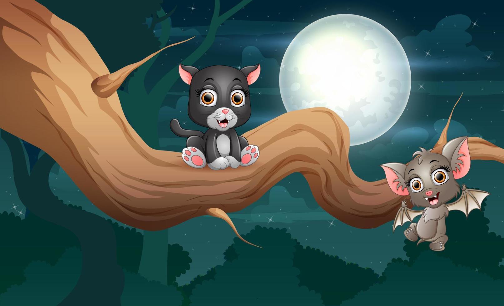 dessin animé une chauve-souris et un chat noir sur un arbre la nuit vecteur