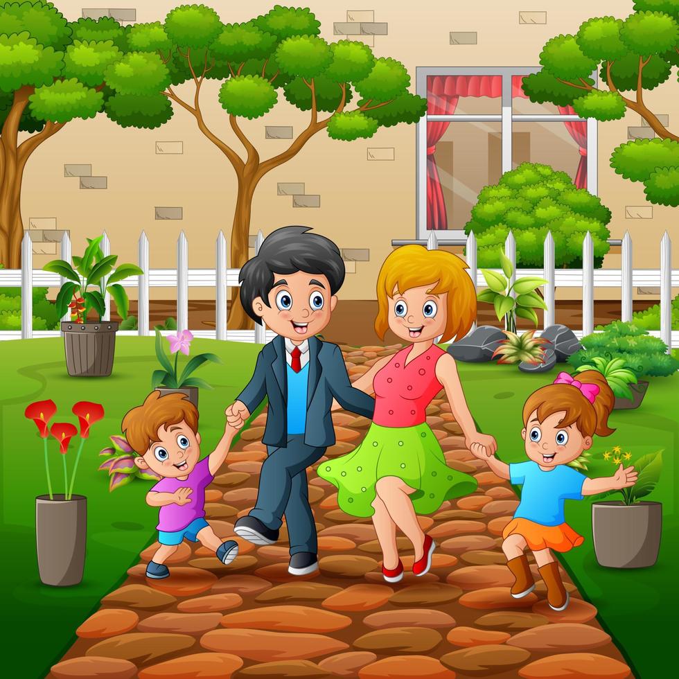 famille heureuse marchant dans l'illustration du parc vecteur