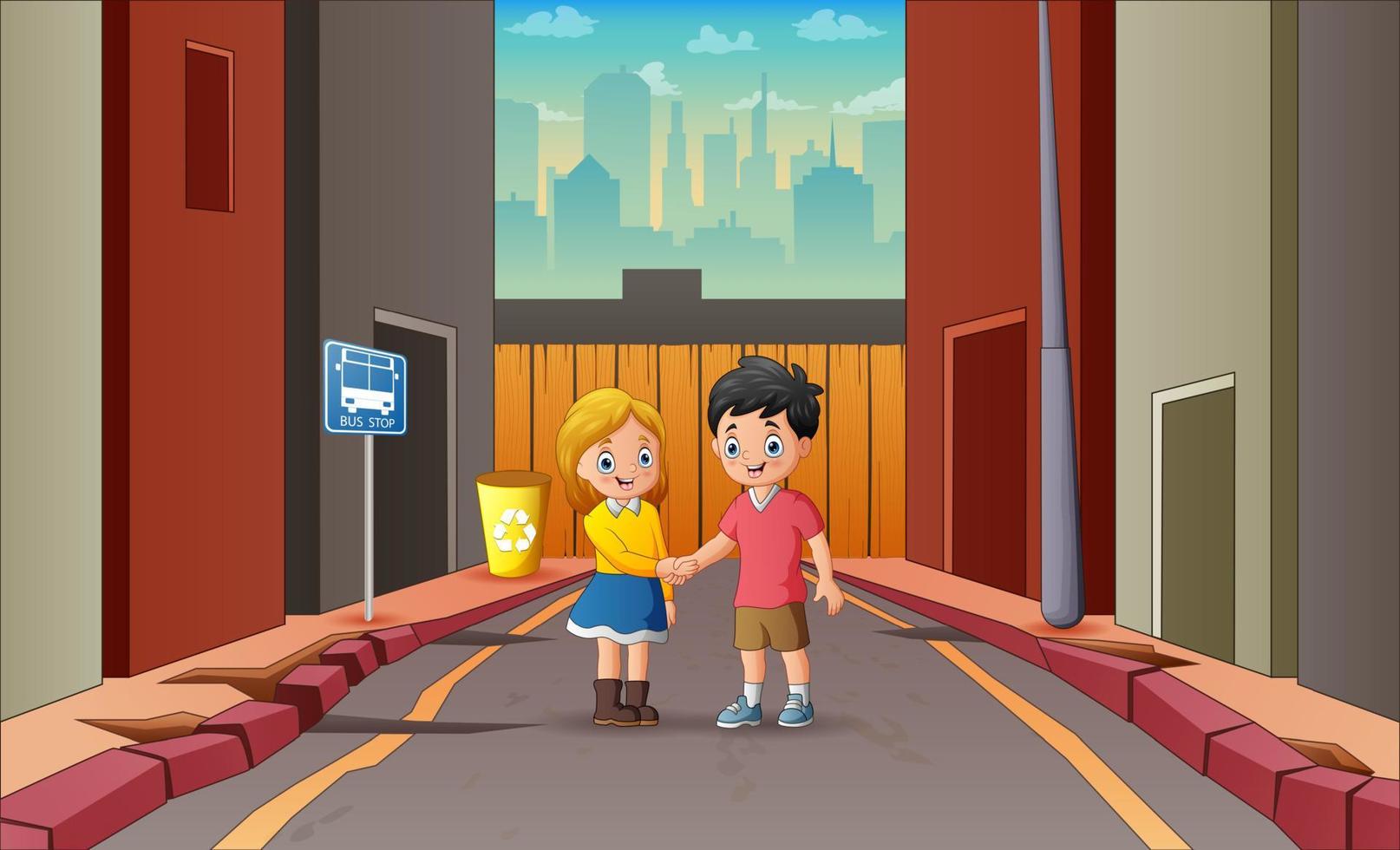 dessin animé deux adolescents se serrant la main dans la rue vecteur