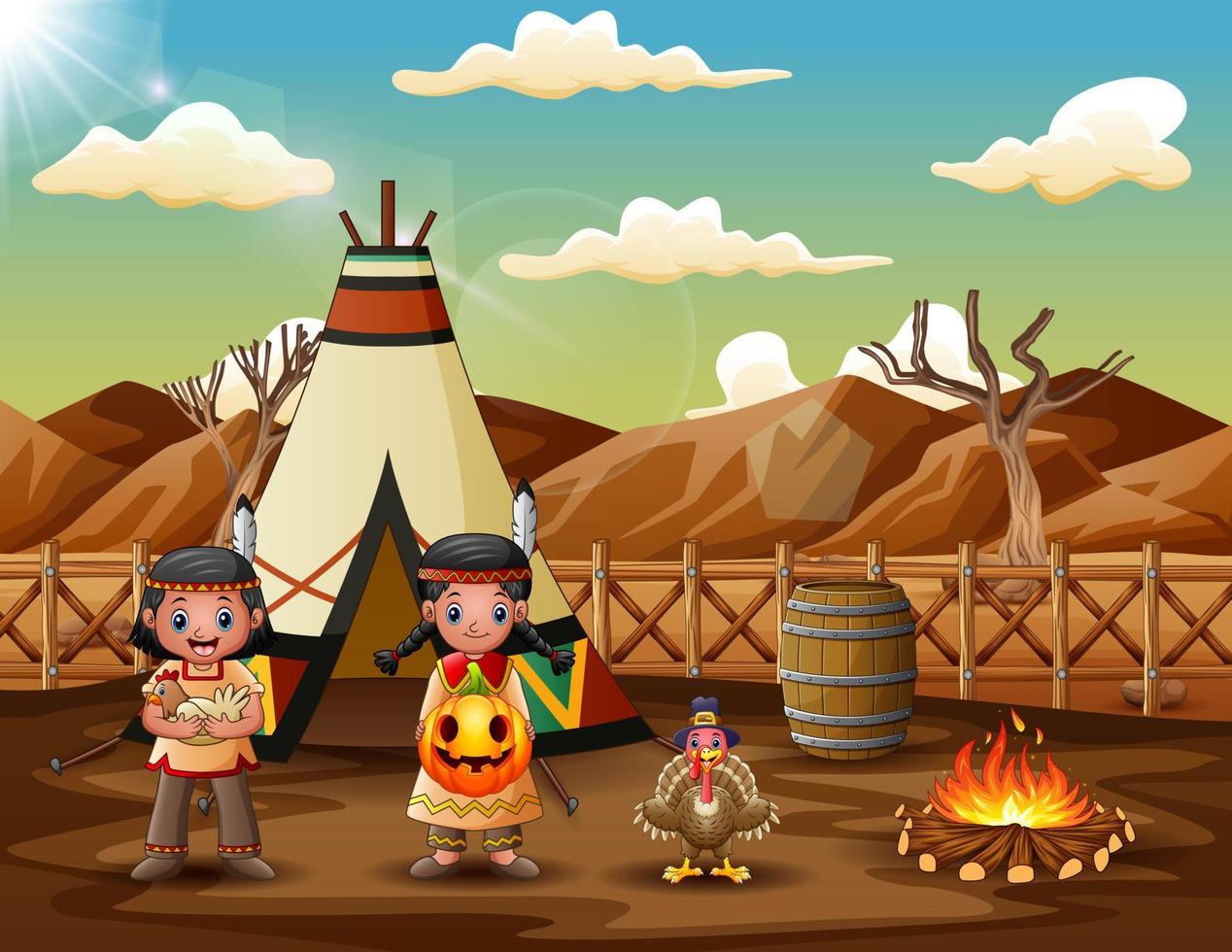 Caricature d'enfants indiens américains avec des tipis dans le désert vecteur