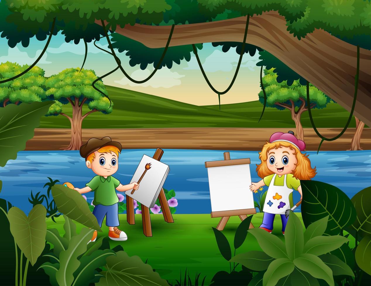 deux enfants sont heureux de peindre au bord de la rivière vecteur