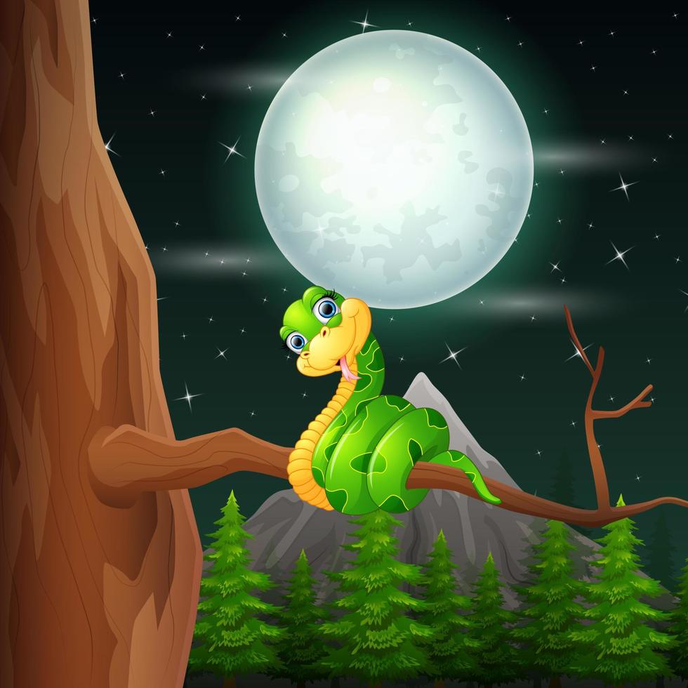 paysage de nuit avec un serpent vert sur un arbre vecteur