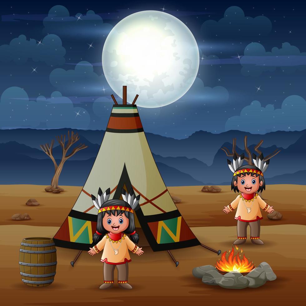 Caricature de deux Indiens d'Amérique avec des tipis en lieu tribal vecteur