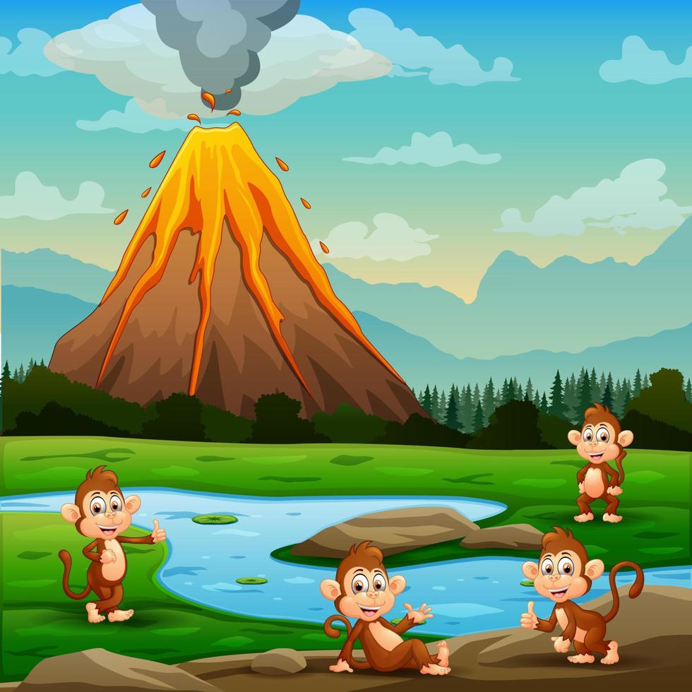 dessin animé mignon de singes se relaxant au bord de la rivière avec l'éruption du volcan vecteur