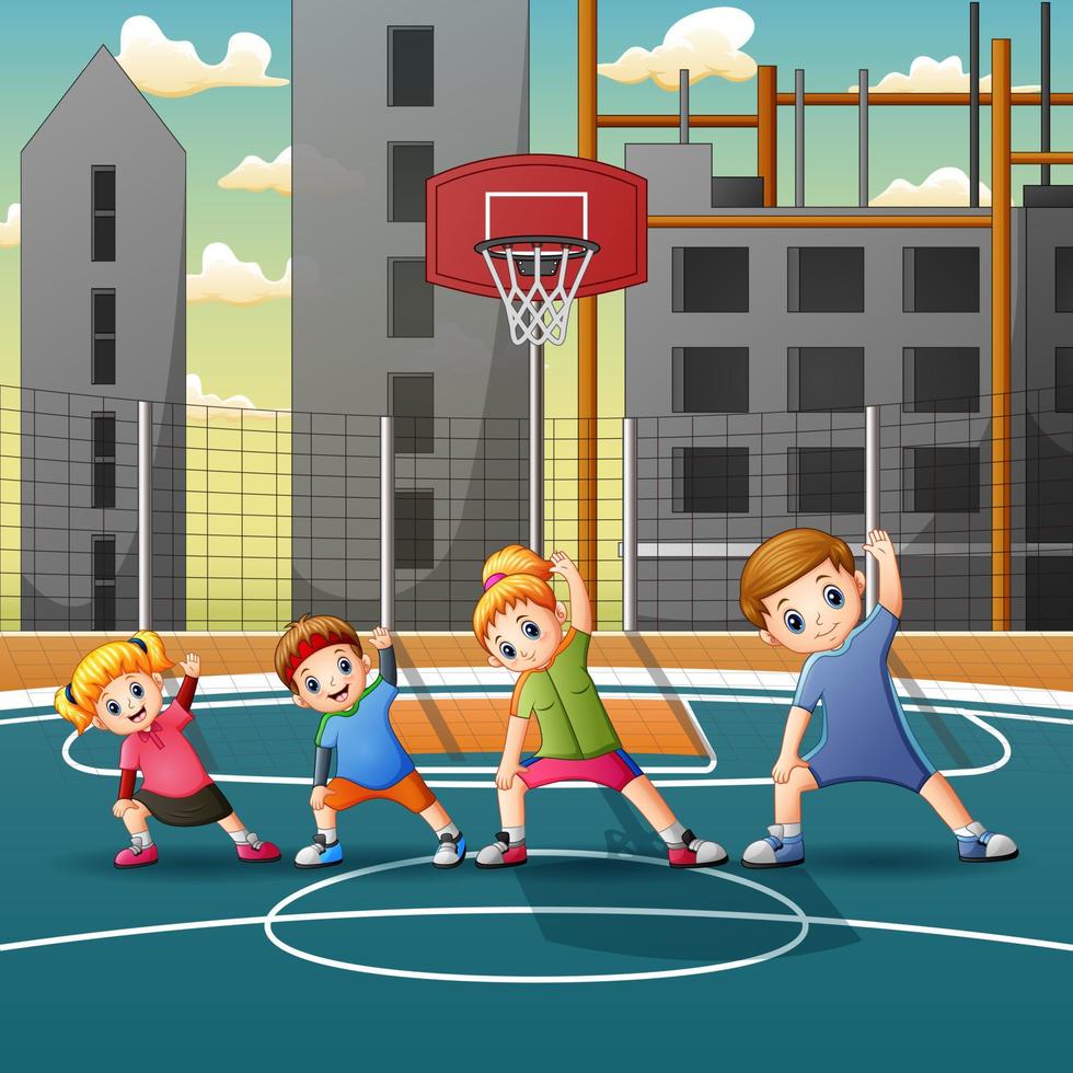 dessin animé famille heureuse faisant de l'exercice sur le terrain de basket vecteur