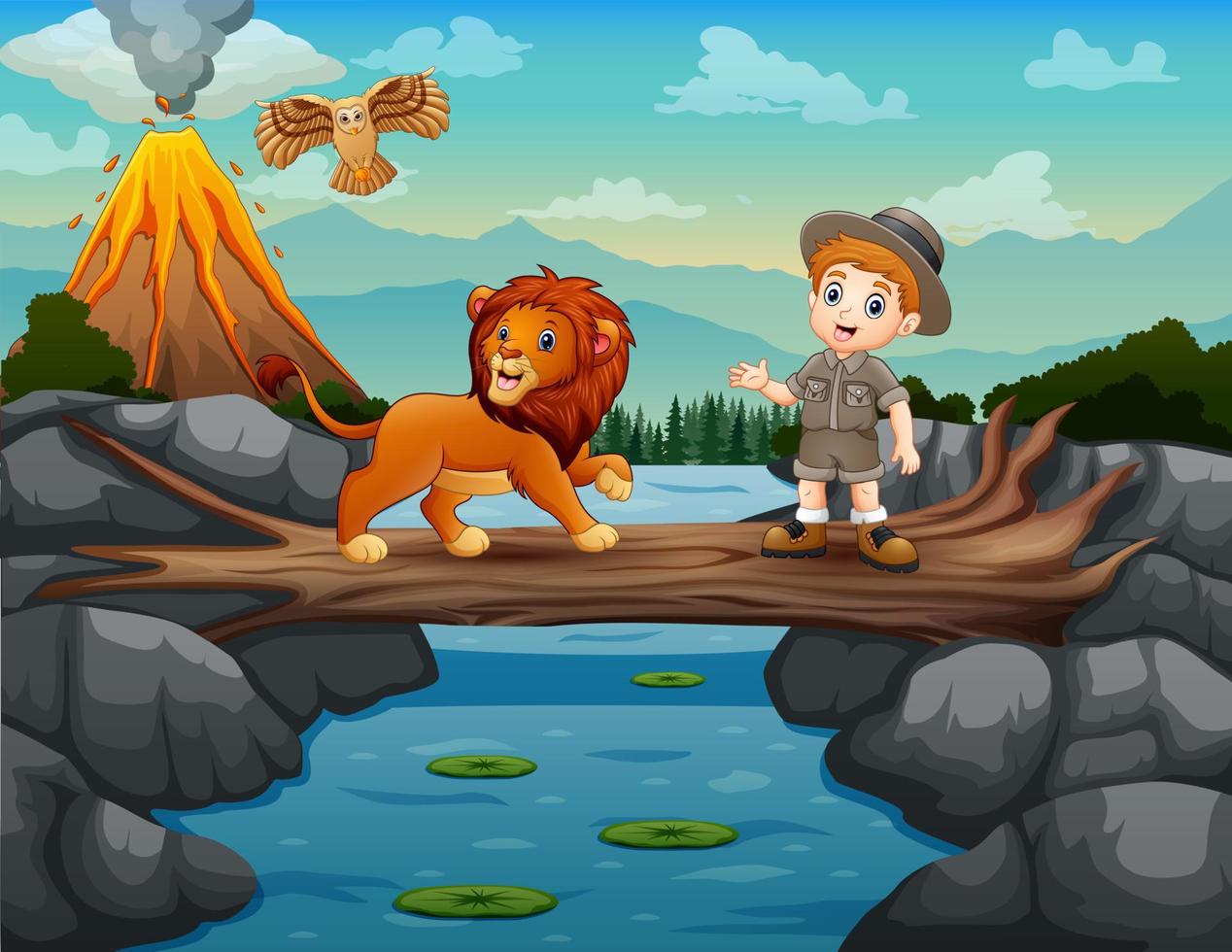dessin animé un gardien de zoo et un lion traversent la rivière sur le pont du tronc d'arbre vecteur