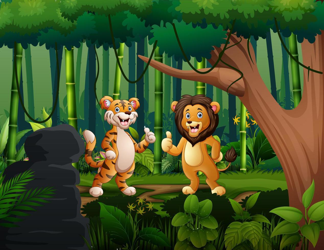 joli lion et tigre qui lèvent le pouce dans la jungle vecteur