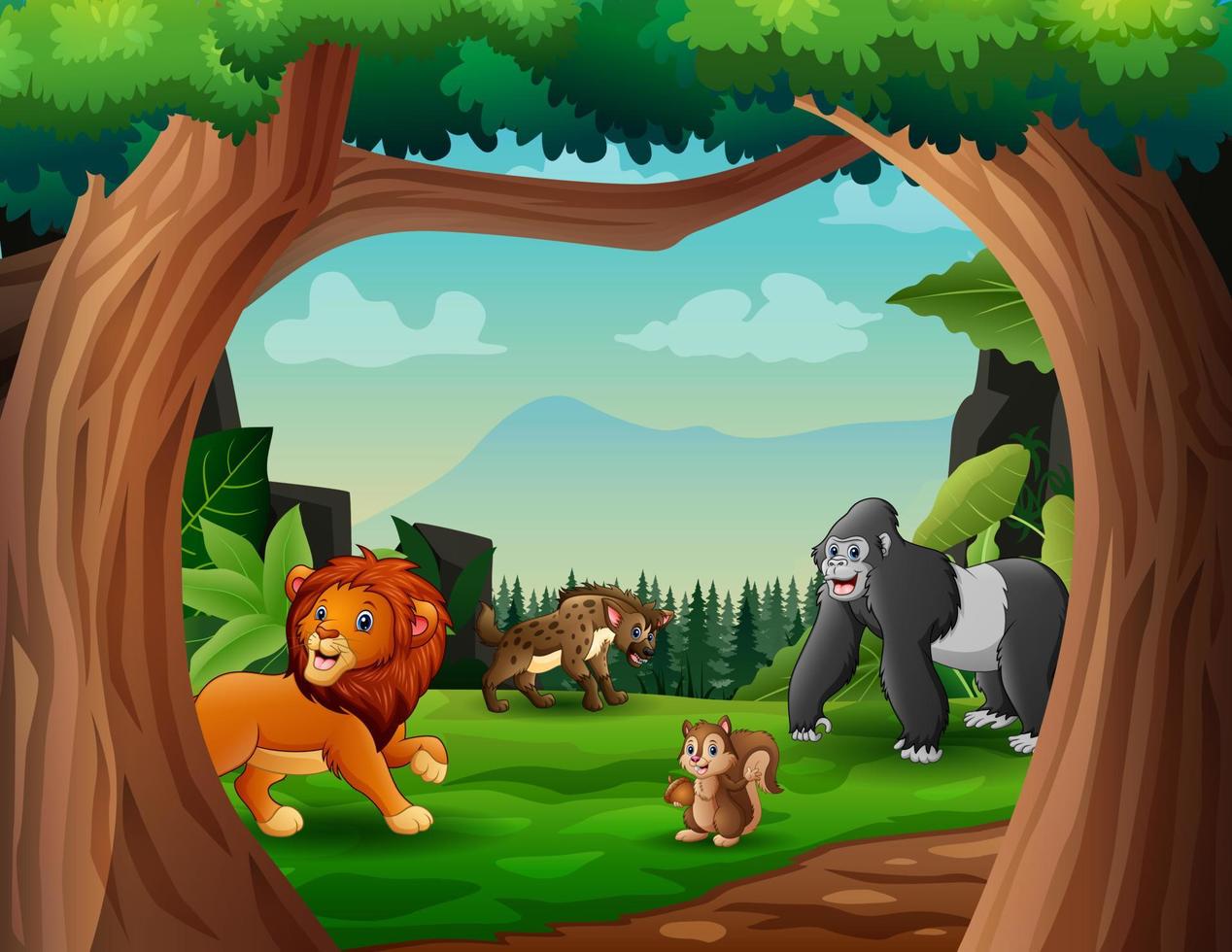dessin animé animaux sauvages jouant dans l'illustration du champ vert vecteur