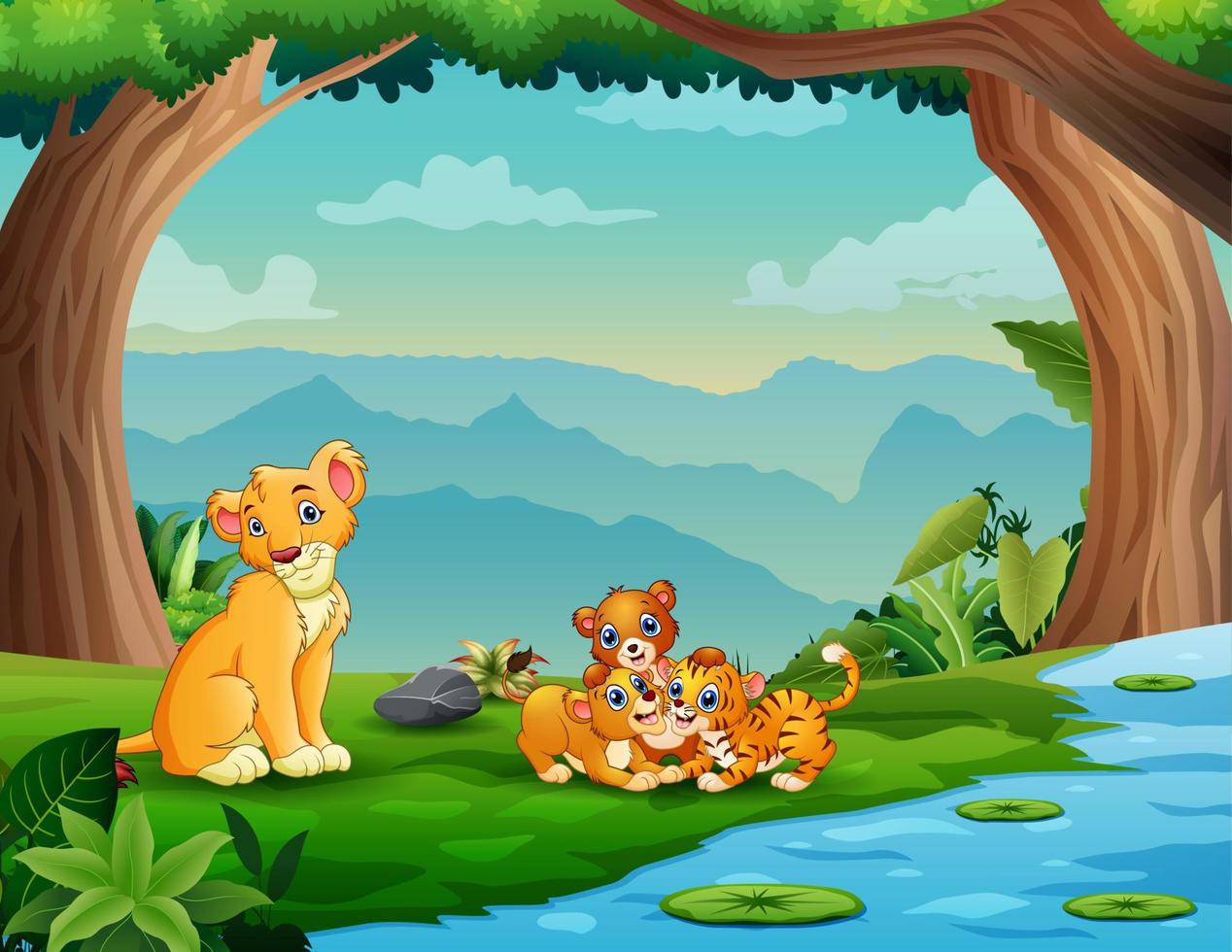 lions de dessin animé et tigre jouant au bord de la rivière vecteur