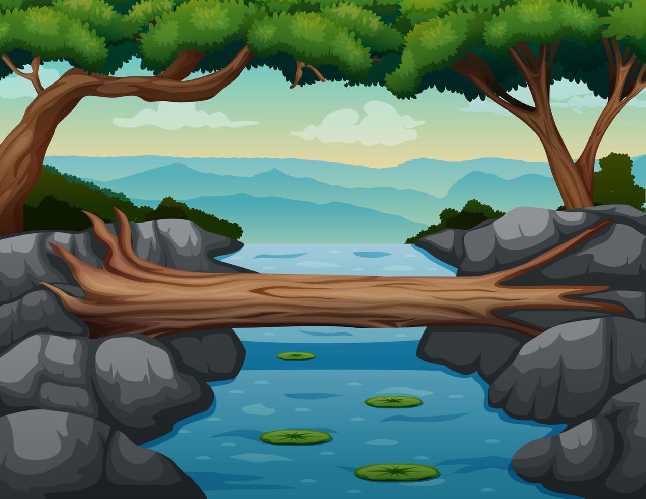 illustration d'une scène de rivière avec un pont en rondins vecteur