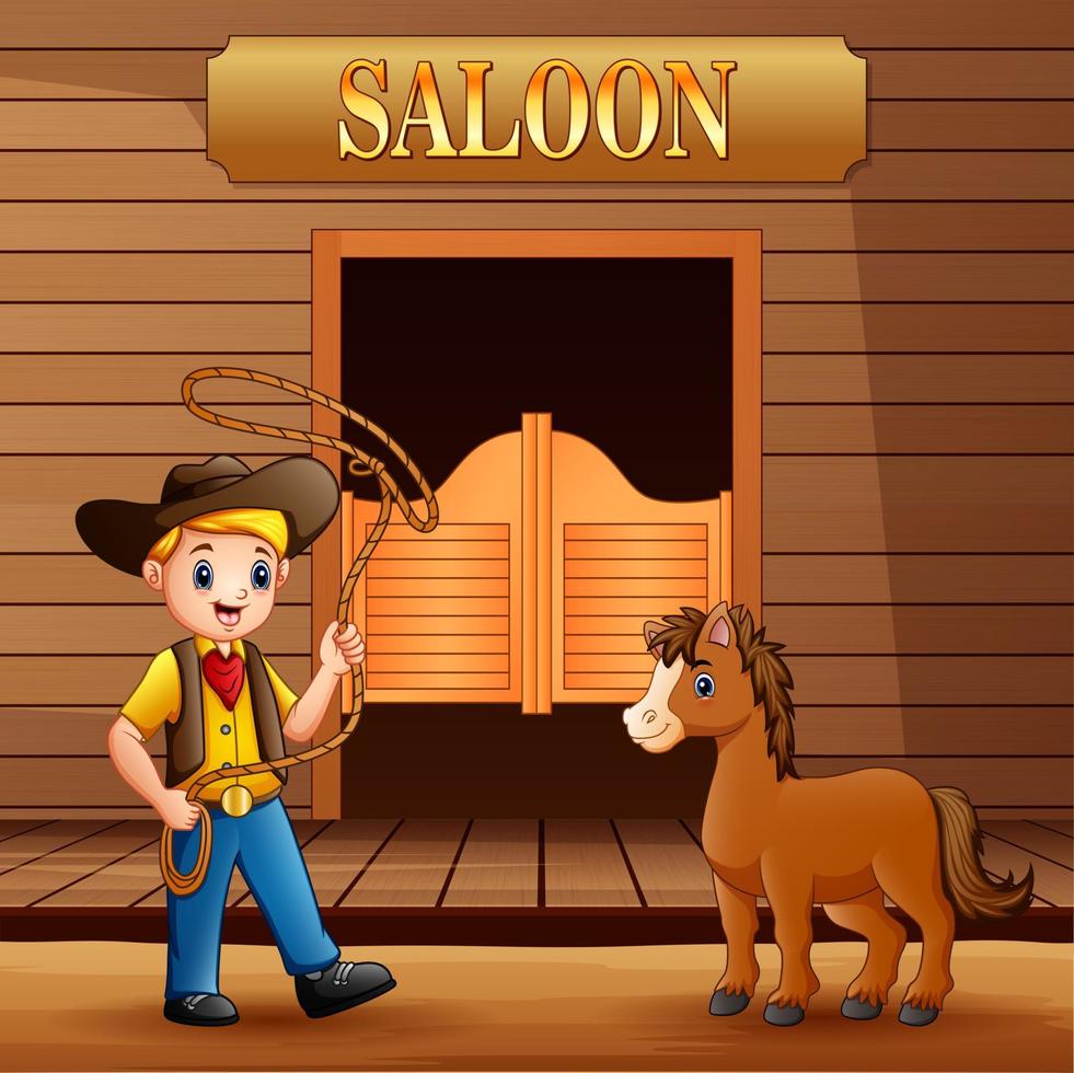 saloon de l'ouest sauvage avec un cow-boy et un cheval vecteur