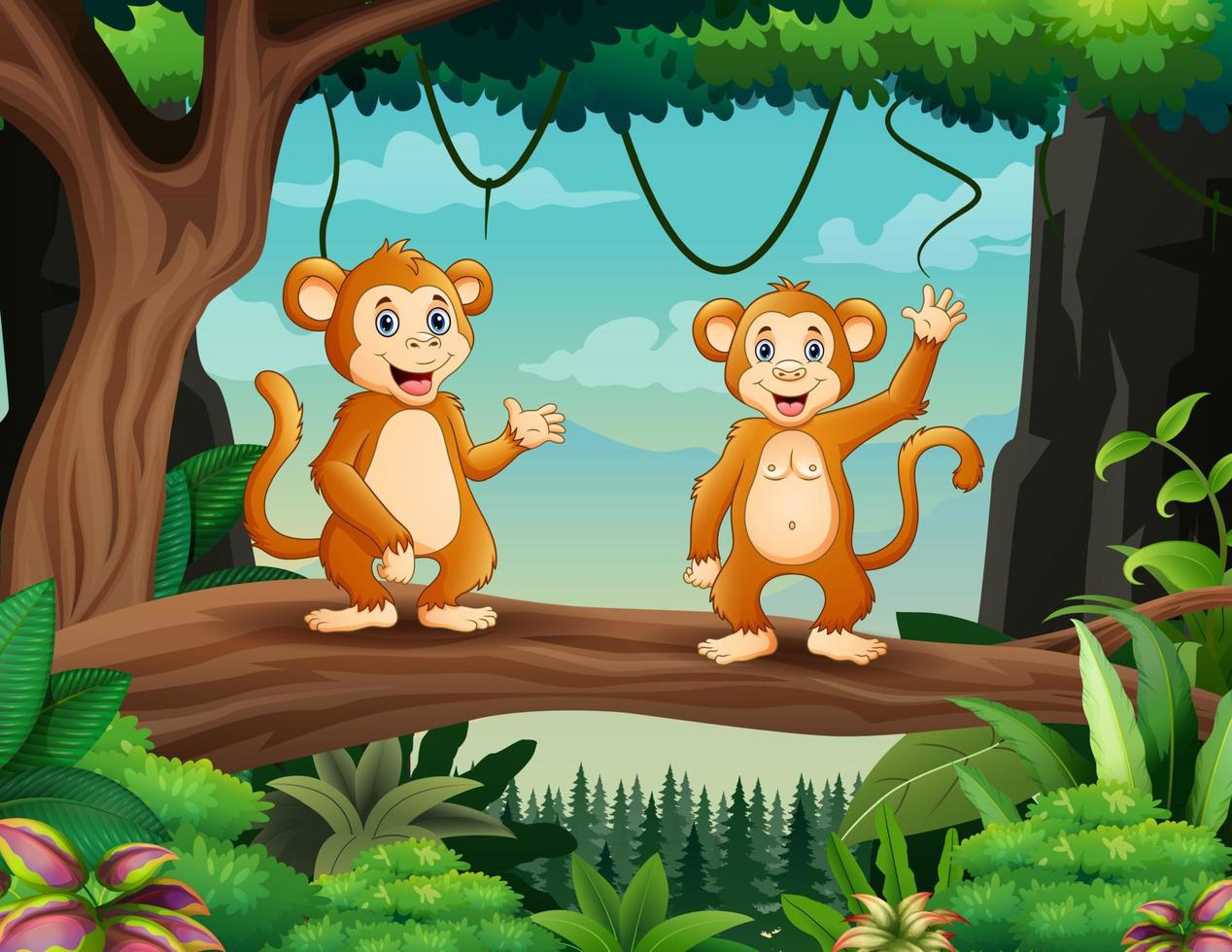 dessin animé deux singes mignons debout sur bois vecteur