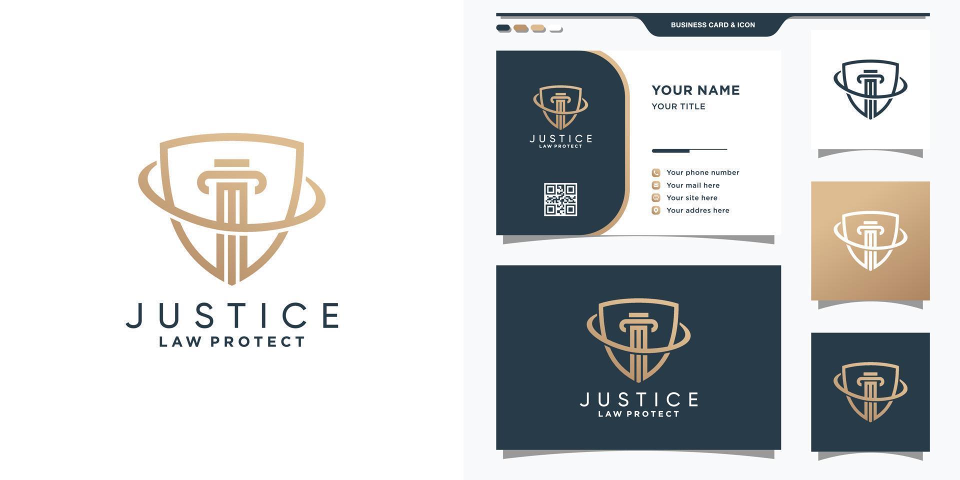 logo de droit de la justice combiné avec un design de bouclier et de carte de visite. vecteur premium