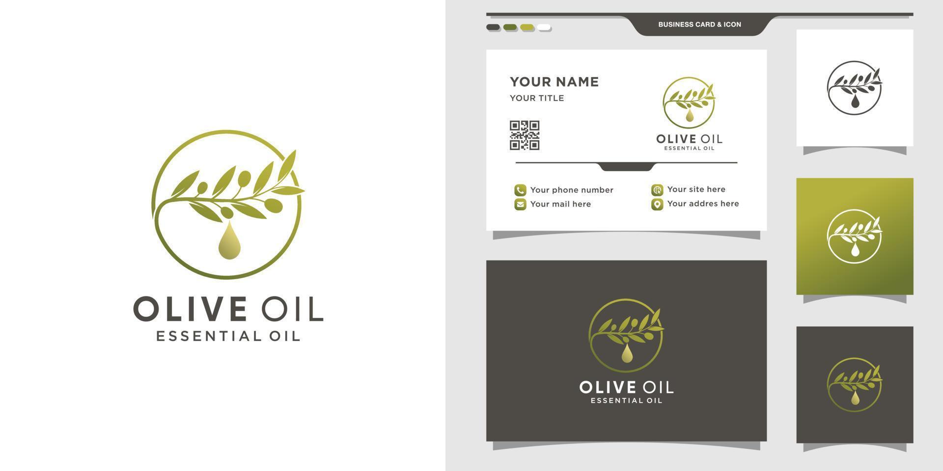 logo d'olive combiné avec un style de goutte d'eau et un concept de cercle, logo d'huile d'olive et vecteur premium de conception de carte de visite