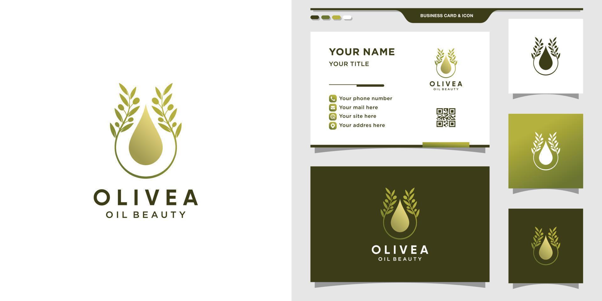 logo d'olive combiné avec un style de goutte d'eau, un logo d'huile d'olive et un vecteur premium de conception de carte de visite