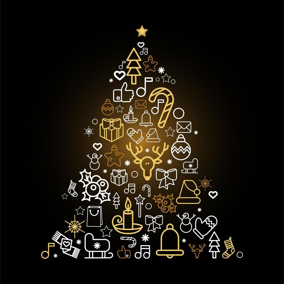 silhouette d'arbre de Noël avec des icônes linéaires de vacances vecteur
