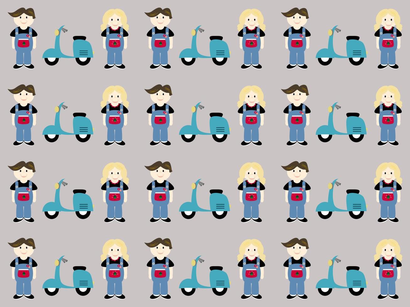 personnages de dessins animés garçon et fille debout avec un motif sans couture de motos sur fond gris vecteur