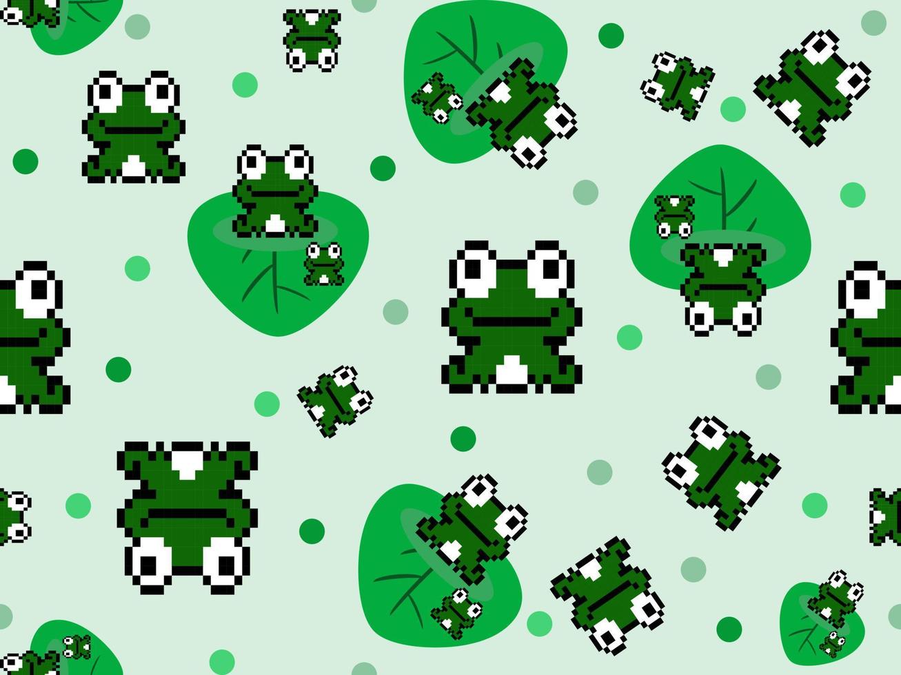 modèle sans couture de personnage de dessin animé de grenouille sur fond vert. style de pixels vecteur