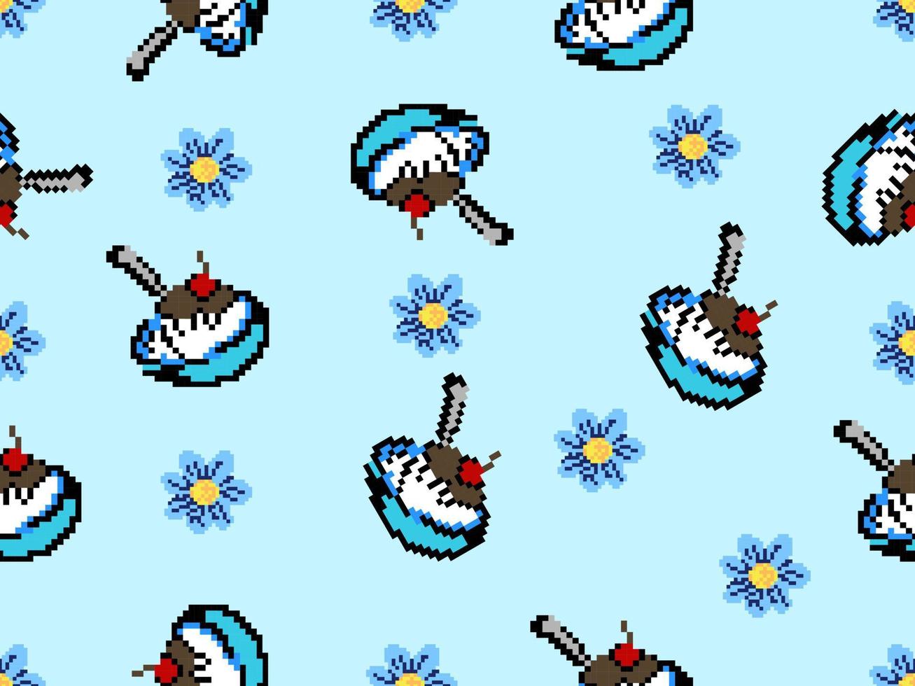 modèle sans couture de personnage de dessin animé de glace sur fond bleu. style pixel vecteur