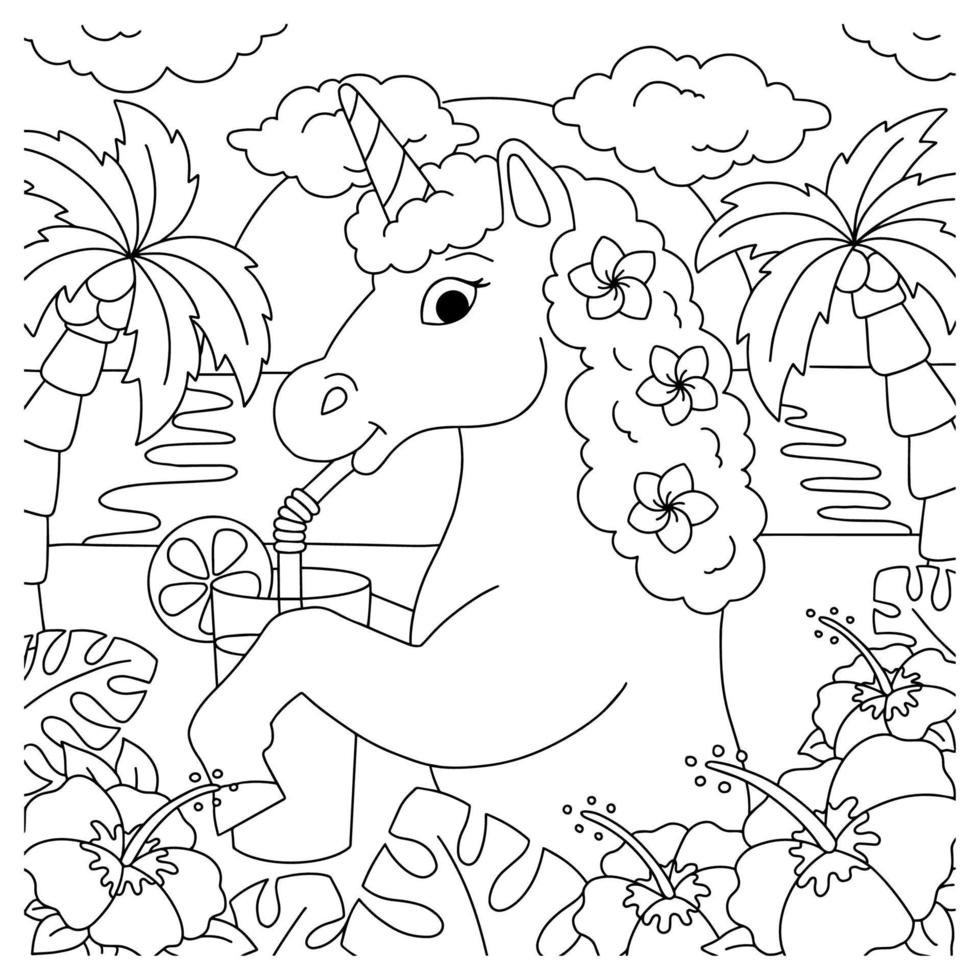 cheval de fée magique. la licorne boit du jus sur la plage. page de livre de coloriage pour les enfants. personnage de style dessin animé. illustration vectorielle isolée sur fond blanc. vecteur