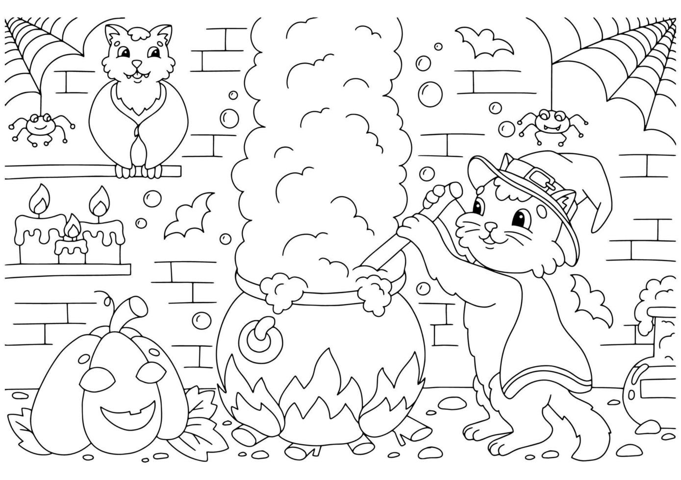 le chat prépare une potion dans le donjon dans un grand chaudron. page de livre de coloriage pour les enfants. personnage de style dessin animé. illustration vectorielle isolée sur fond blanc. vecteur