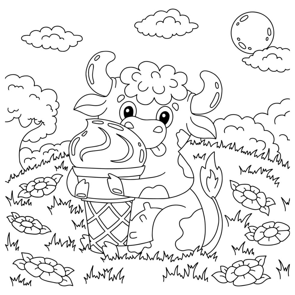 la vache des animaux de la ferme tient de la crème glacée. page de livre de coloriage pour les enfants. style bande dessinée. illustration vectorielle isolée sur fond blanc. vecteur