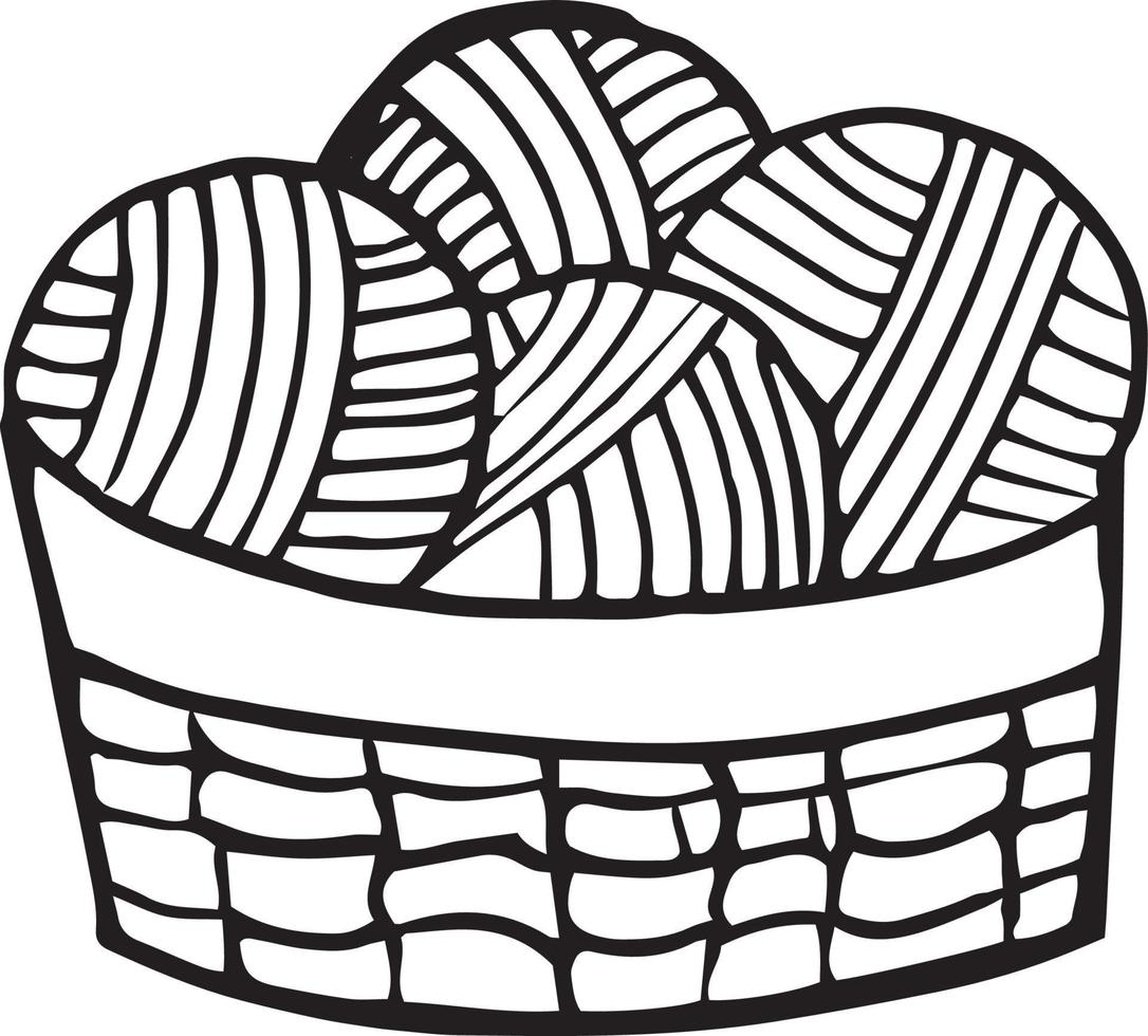 panier avec boules pour tricoter dessinés à la main dans un style doodle. élément unique pour l'icône de conception, l'autocollant, l'affiche, la carte. , scandinave, hygge, monochrome, osier, maison confortable, loisir, fil de laine vecteur