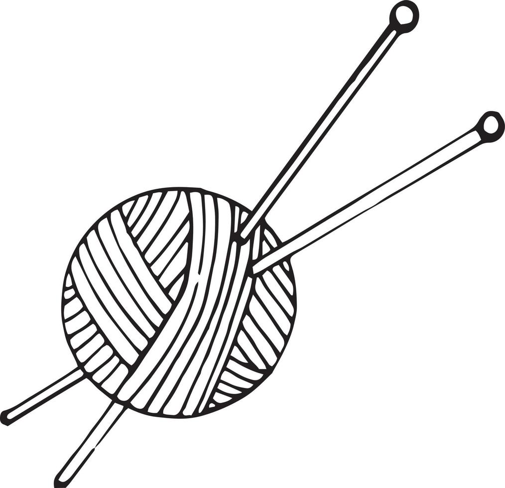 aiguilles à tricoter, clew dessinés à la main dans un style doodle. élément unique pour l'icône de conception, l'autocollant, l'affiche, la carte. , scandinave, hygge monochrome hobby artisanat cosy home vecteur