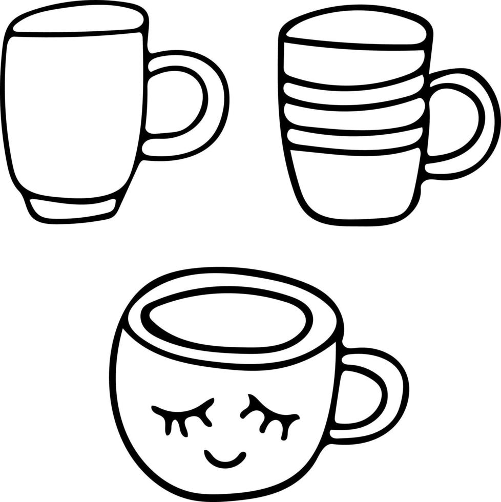 tasses dessinées à la main dans un style doodle. ensemble d'éléments minimalisme monochrome scandinave simple. mugs, boissons, thé, café, cacao, cuisine, hygge, cosy. icône de conception de collection, carte, affiche d'autocollant vecteur