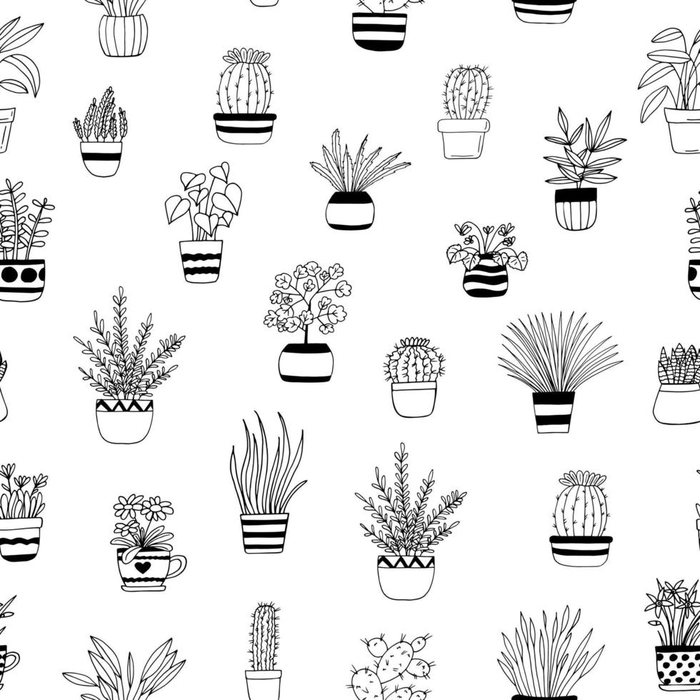 plantes d'intérieur en pots modèle sans couture dessinés à la main. , plantes, fleurs, minimalisme, scandinave, monochrome, nordique. fond d'écran arrière plan textiles papier d'emballage vecteur