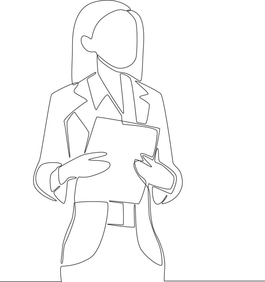 dessin en ligne continu d'une femme d'affaires tenant du papier pour travailler au bureau. illustration vectorielle. vecteur