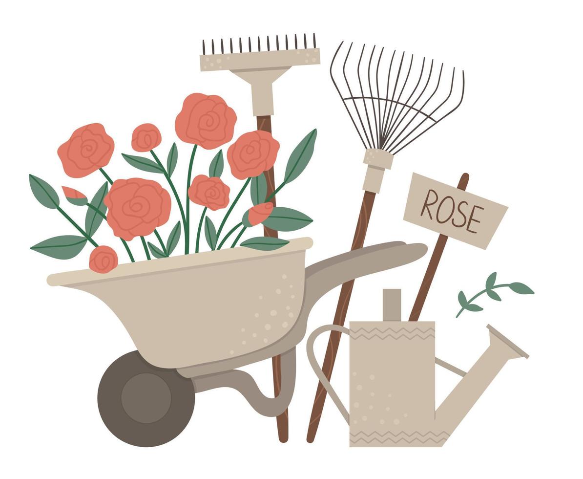 illustration vectorielle de brouette de jardin colorée avec fleurs roses, râteaux, arrosoir. image de printemps ou d'été de style dessin animé isolée sur fond blanc. concept sur le thème du jardinage. vecteur