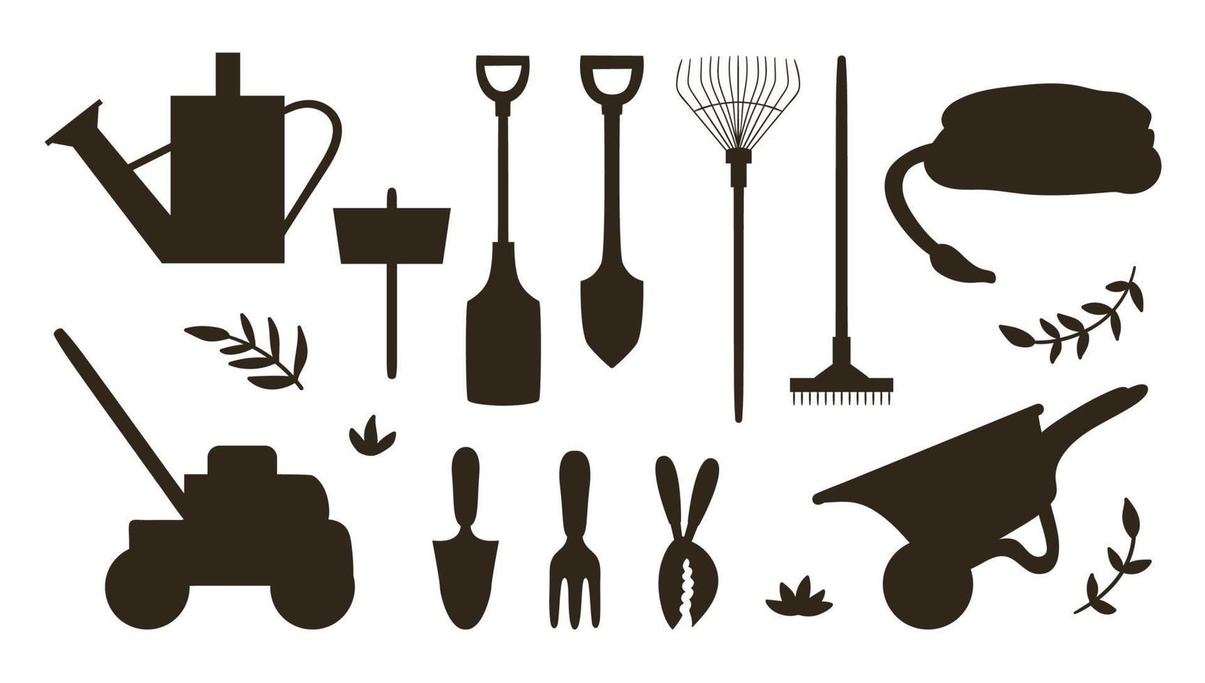 vecteur sertie de silhouettes d'outils de jardin, de fleurs, d'herbes, de plantes. collection de matériel de jardinage noir et blanc. illustration de ressort plat