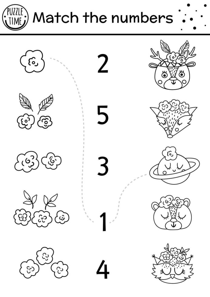 Jeu d'association noir et blanc pour la fête des mères avec des animaux mignons et une décoration de tête. activité de ligne mathématique de vacances pour les enfants d'âge préscolaire avec des fleurs. feuille de calcul ou coloriage à imprimer vecteur