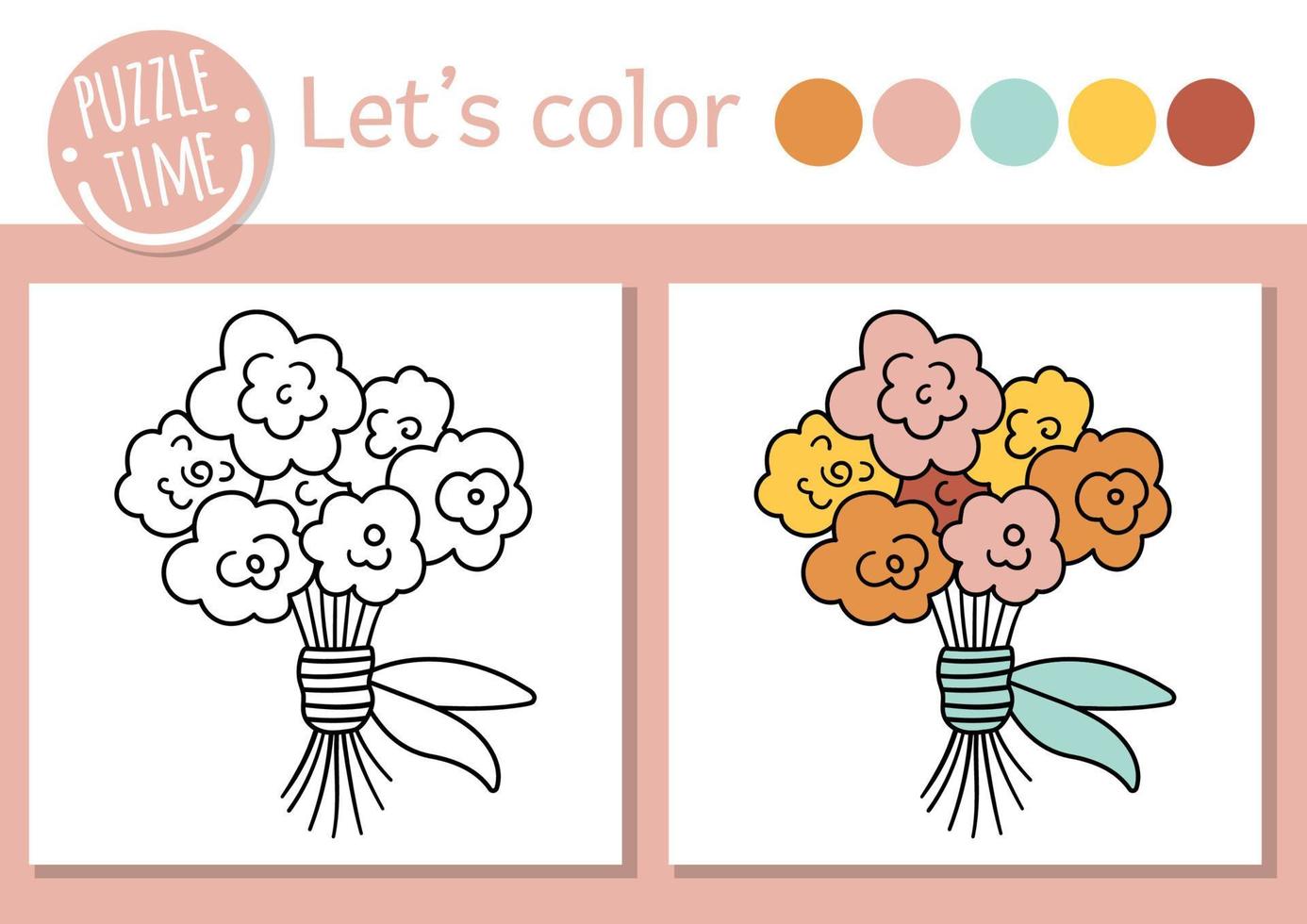 page de coloriage de vacances pour les enfants. image drôle de bouquet de roses. illustration de contour de vecteur avec joli cadeau. adorable livre de couleurs d'arrangement de fleurs de printemps pour les enfants avec un exemple coloré