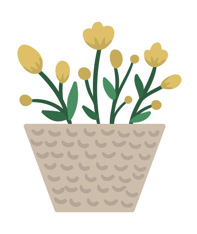 illustration vectorielle de plante en pot avec des feuilles vertes et des fleurs jaunes. plante d'intérieur dessinée à la main à la mode pour la conception de jardinage à la maison. belle herbe de printemps et d'été vecteur