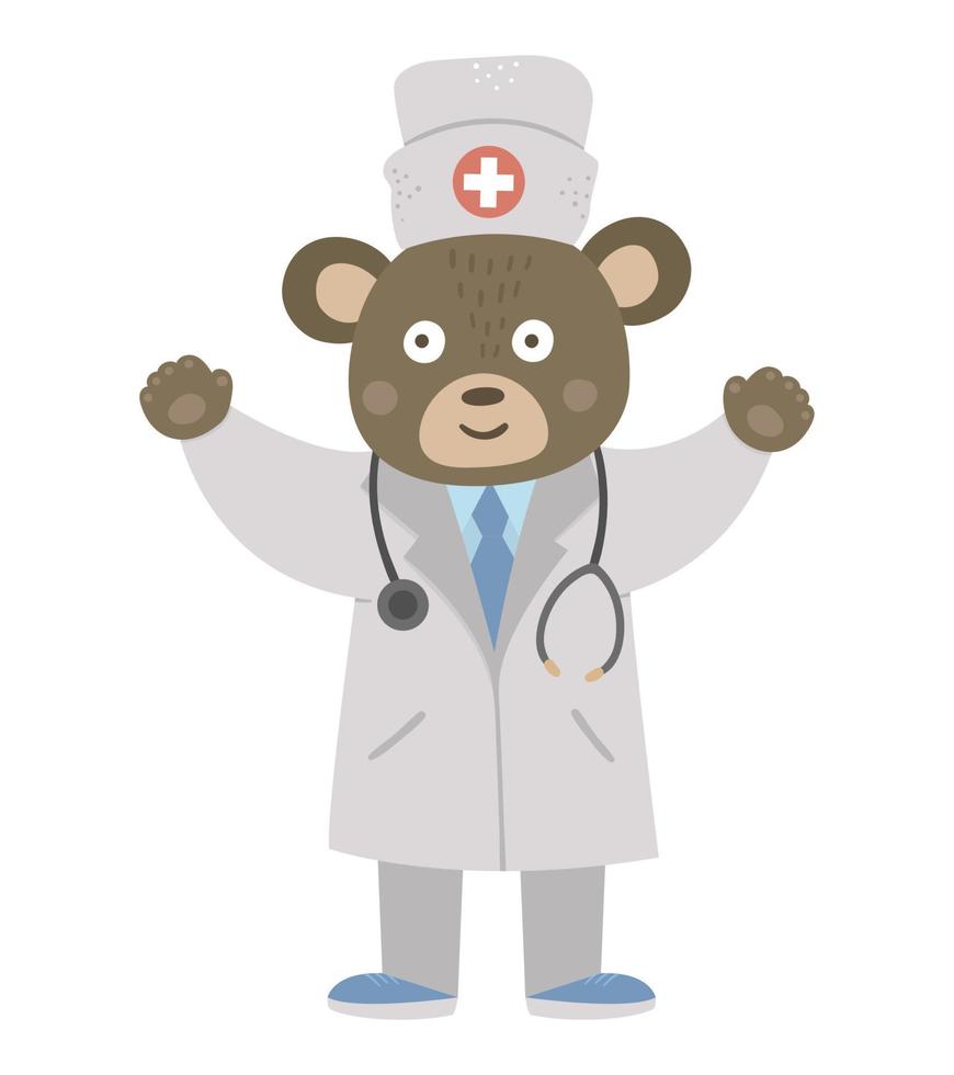 ours vecteur docteur en chapeau médical avec stéthoscope. personnage animal drôle mignon. photo de médecine pour les enfants. icône de soins de santé isolé sur fond blanc