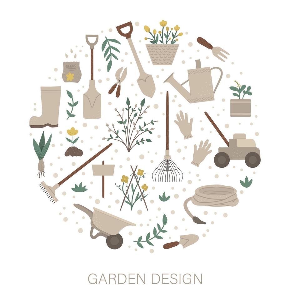 cadre rond vectoriel avec outils de jardin, fleurs, herbes, plantes. bannière d'équipement de jardinage ou invitation à une fête encadrée en cercle. modèle de carte de printemps drôle mignon.