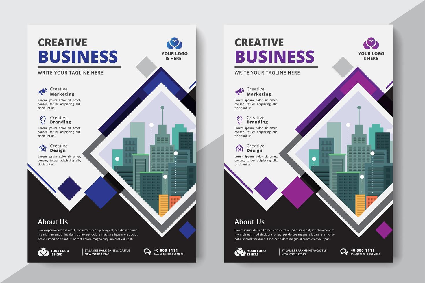 Flyer Business Diamond A4 taille 2 Flyers couleur violet et bleu vecteur