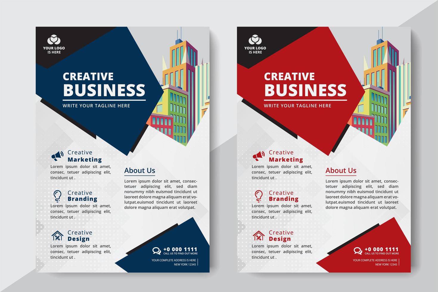 Flyer Business A4 taille 2 Flyers couleur rouge et bleu vecteur