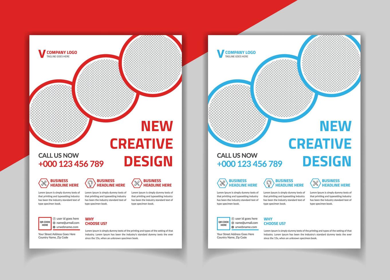 Modèle de flyer d&#39;entreprise rouge et bleu avec des espaces d&#39;image de cercle vecteur