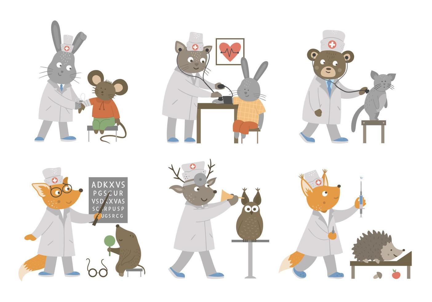 ensemble de médecins animaux vecteurs traitant des patients. personnages drôles mignons. photo de médecine pour les enfants. scènes d'hôpital isolées sur fond blanc vecteur