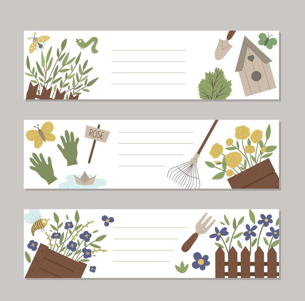 ensemble de modèles de cartes de disposition horizontale de jardin de printemps de vecteur avec des éléments et des personnages de jardinage de dessin animé mignon. illustration plate drôle