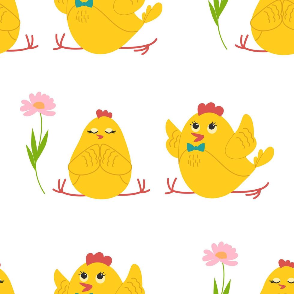 mignons poussins jaunes dans différentes poses motif sans couture, oiseaux et fleurs, papillons. illustration vectorielle. vecteur