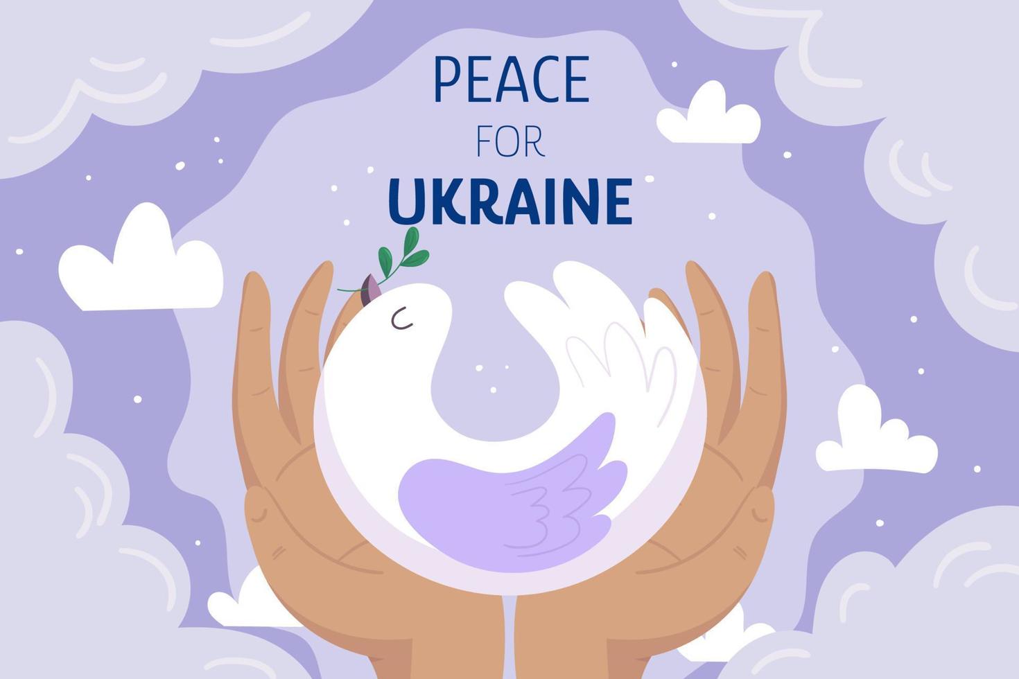 deux mains tenant un pigeon blanc, colombe sur fond violet clair avec des nuages. illustration de concept de paix pour l'ukraine. crise militaire ukraino-russe. vecteur