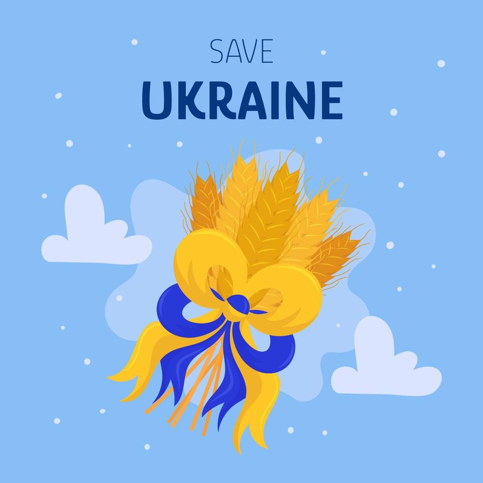 blé avec ruban de couleurs du drapeau ukrainien sur fond de ciel bleu. sauver le concept de l'ukraine. arrêtez le signe de la guerre. vecteur