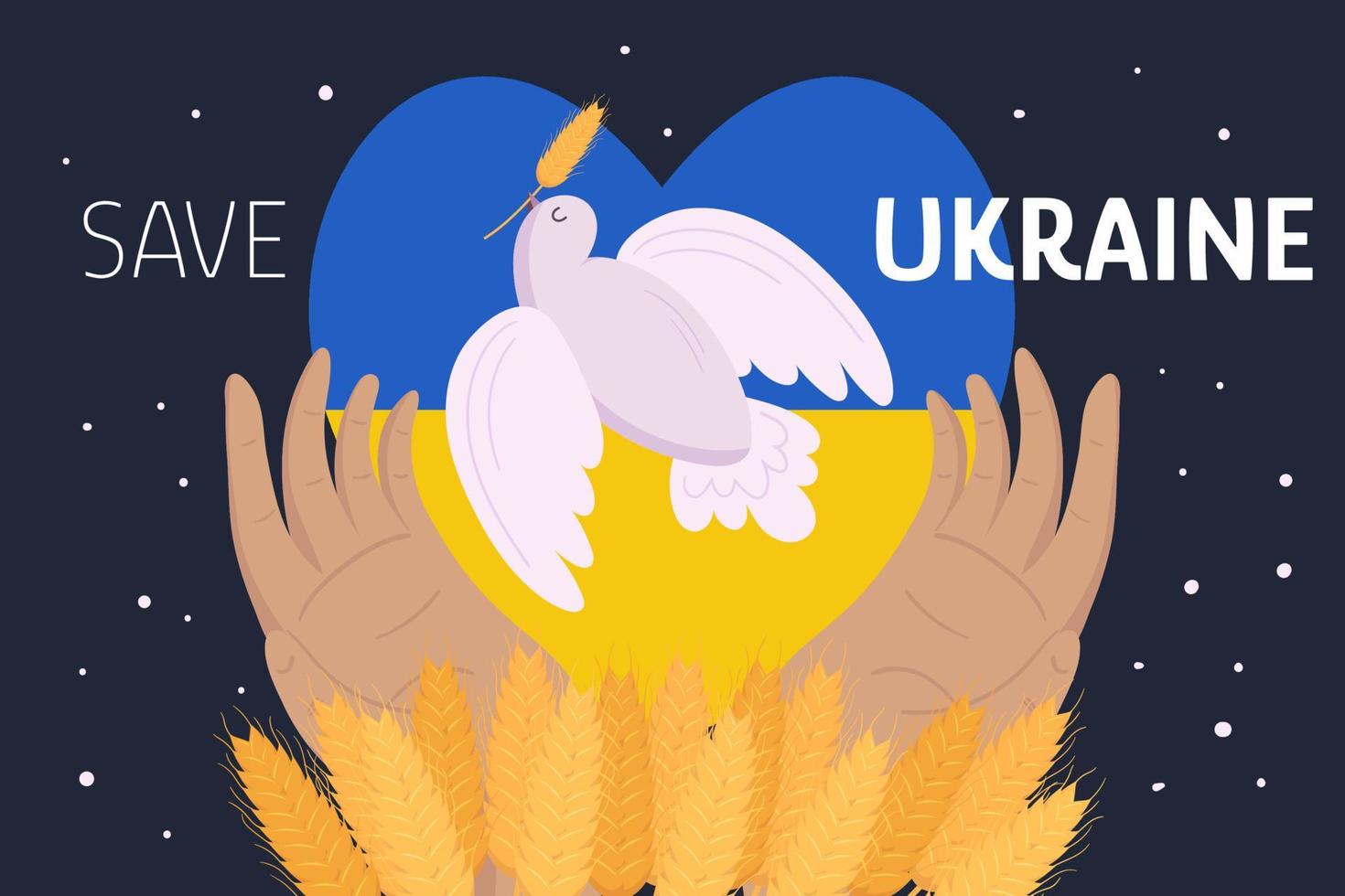 pigeon, colombe de la paix avec des blés, mains sur fond de drapeaux ukrainiens. sauver le signe de l'ukraine. aucune illustration de concept de guerre. vecteur