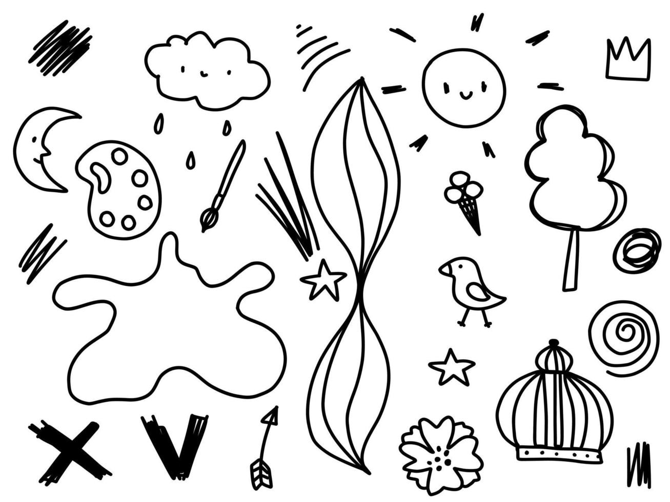 doodle mignon avec étoiles, soleil, couronnes, nuage, fond d'été. illustration vectorielle de ligne mignonne dessinée à la main. vecteur