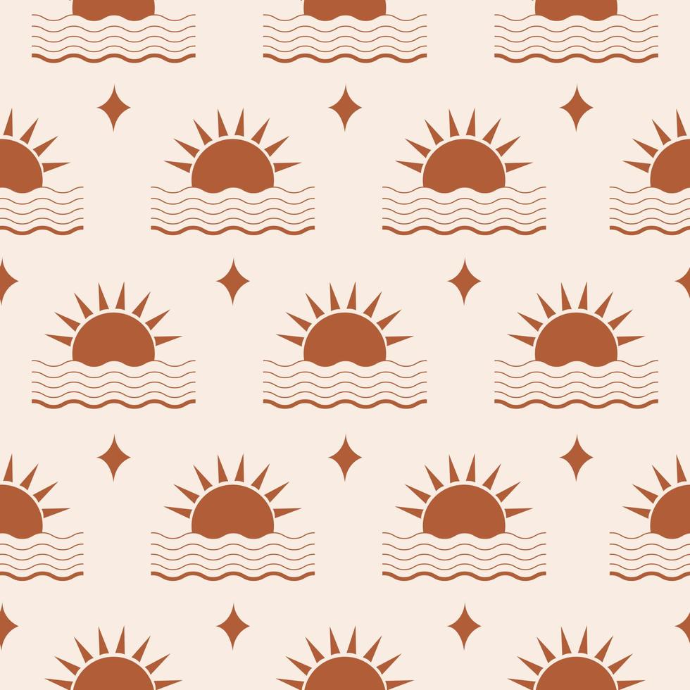 motif harmonieux abstrait minimaliste avec soleil géométrique et vague sur fond pastel. motif bohème pour papier peint, textile, tissu, design d'intérieur. illustration vectorielle moderne. couleurs terre cuite vecteur