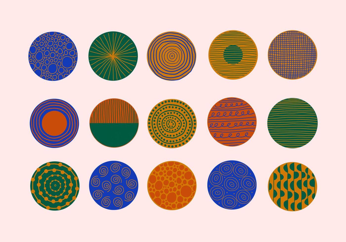 ensemble abstrait moderne de formes rondes colorées avec des lignes, des cercles, des points, des gouttes. illustration vectorielle contemporaine dessinée à la main vecteur